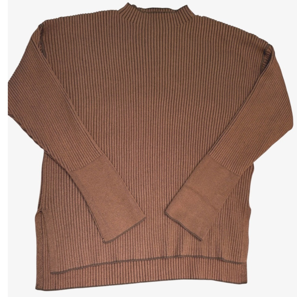 Varley Emile Rib Knit Sweater Womens Large Brown Mock Neck Side Slit VAR01608
